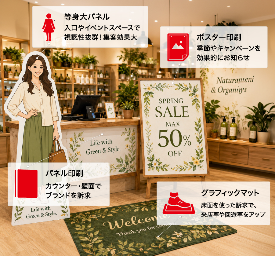 店舗内観と等身大パネル・ポスター・パネル・マットの活用イメージ（等身大パネル・ポスター印刷・パネル印刷・グラフィックマットの吹き出し付き）